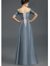 Off Shoulder Gray Blue Tulle Pleated Long Evening Dress